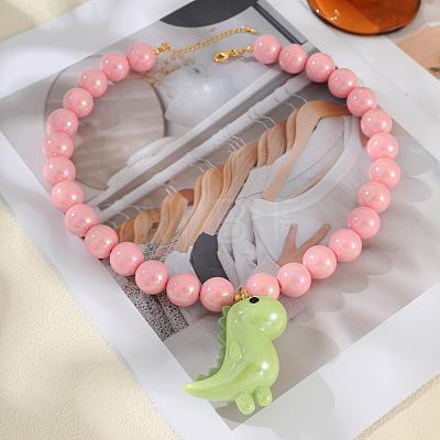 Resin Dinosaur Pendant Pink Round Beaded Necklaces for Women WG6D99C-01-1