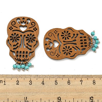 Laser Cut Poplar Wood Pendants Skull Charms with Dyed Synthetic Turquoise FIND-G073-05-1