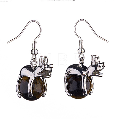 Natural Tiger Eye Frog Dangle Earrings EJEW-A092-13P-12-1