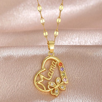 Mother's Day Brass Pave Cubic Zirconia Mama Heart with Butterfly Pendant 304 Stainless Steel Dapped Chain Necklaces for Women WG2F4E4-01-1