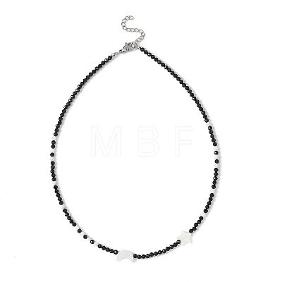Natural Freshwater Shell Moon Star and Faceted Round Natural Black Spinel Beaded Necklaces for Women NJEW-JN05669-1