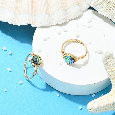 Copper Wired Natural Abalone Shell/Paua Shell Finger Rings for Women RJEW-JR01055-1