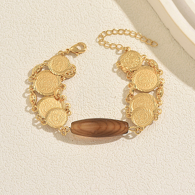Vintage Dyed Natural Coffee Agate Rice Bead Charm Brass Embossed Coin Link Chain Bracelets for Women XX5921-1