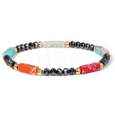 Dyed Synthetic Imperial Jasper Cuboid & Faceted Rondelle Dyed White Jade & Round Brass Beaded Stretch Bracelets QY8342-1-1