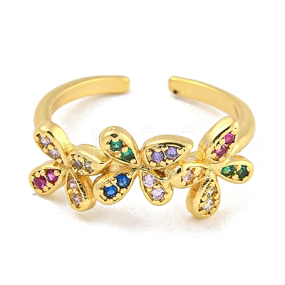 Flower Rack Plating Brass Micro Pave Cubic Zirconia Open Cuff Rings for Women RJEW-N047-01G-01-RS-1