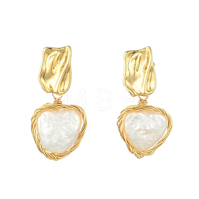 Brass with Natural Pearl Stud Dangle Earrings EJEW-JE07234-1
