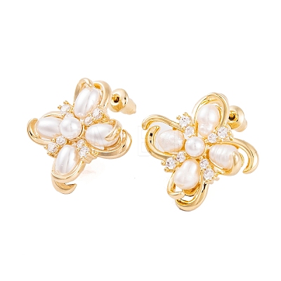 Clover Brass Pave Clear Cubic Zirconia & Freshwater Pearl Stud Earrings for Women LS-EJEW-G391-01G-1