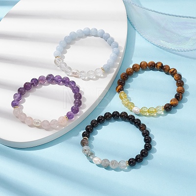Natural & Synthetic Mixed Gemstone & Pearl Beaded Stretch Bracelets BJEW-JB09726-1