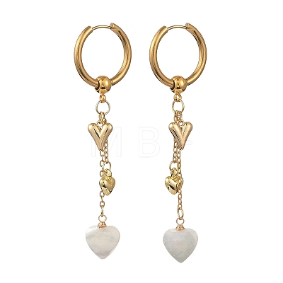 Valentine's Day Heart 202 Stainless Steel & Natural Trochus Shell Hoop Earrings EJEW-JE07078-1