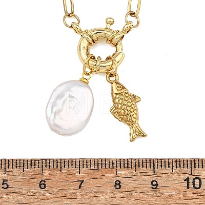 Ocean 304 Stainless Steel Fish and Natural Baroque Keshi Pearl Coin Bead Pendant Paperclip Chain Necklaces for Women NJEW-JN06327-1