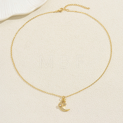 Brass Pave Clear Cubic Zirconia Moon and Star Pendant Necklaces for Women HB1903-1