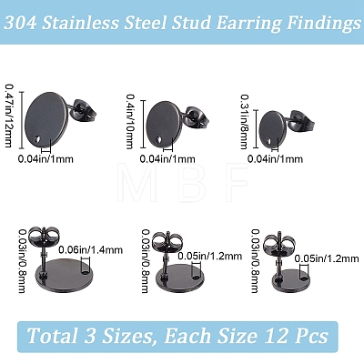 SOFPLATE 36Pcs 3 Size Flat Round 304 Stainless Steel Stud Earring Findings STAS-SP0001-59EB-1