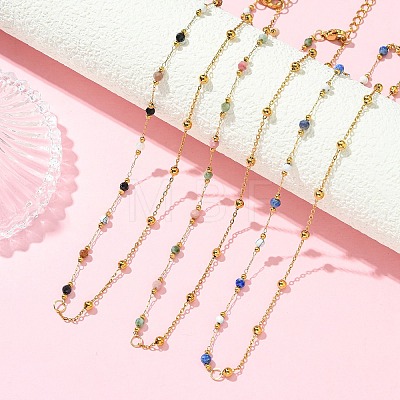 Natural & Synthetic Mixed Gemstone Faceted Round Beads Handmade Link Chain Necklaces with 316 Stainless Steel Chains NJEW-JN06059-1