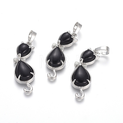 Natural Black Agate Kitten Pendants G-J386-E05-1