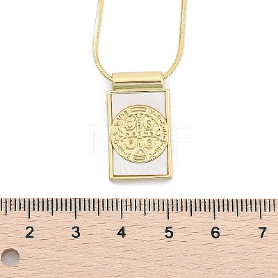 Brass Pave Shell Rectangle Saint Benedict Medal Cross Pendants Necklaces for Women NJEW-Z053-01G-02-1