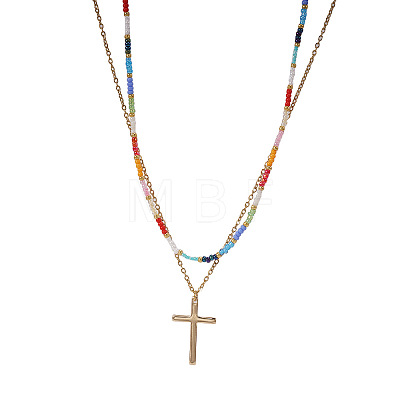 Bohemian 304 Stainless Steel Cross Pendant Rainbow Color Round Glass Seed Beaded Double Layer Necklaces for Women MU6538-2-1