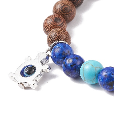 Natural Wenge Wood & Lapis Lazuli & Synthetic Turquoise Round Beaded Stretch Bracelet BJEW-JB08206-1