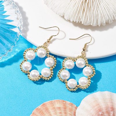 Flower Shell Pearl & Non-magnetic Synthetic Hematite Bead Dangle Earrings EJEW-JE05773-1