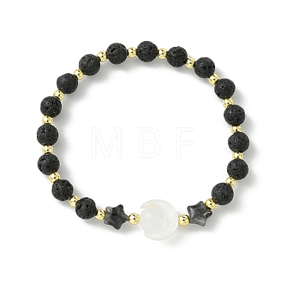 Natural Lava Rock & Larvikite & Selenite & Freshwater Shell Beads Stretch Bracelets for Women Men BJEW-JB13759-1