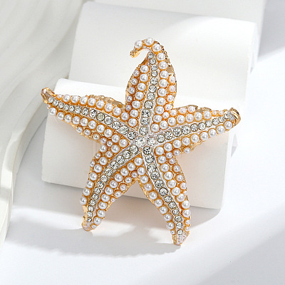 Starfish Alloy Rhinestone Lapel Pins for Backpack Clothes JEWB-H032-01G-1