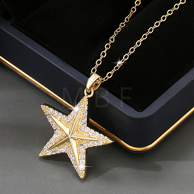Brass Micro Pave Clear Cubic Zirconia Star Pendant Necklaces for Women FS-WG16544-01-1