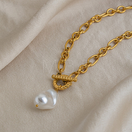 Imitation Baroque Keshi Pearl Teardrop Pendant 304 Stainless Steel Figaro Chain Necklaces with OT Clasps for Women OV1022-1-1