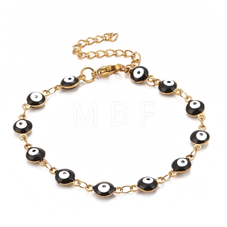 Enamel Oval with Evil Eye Link Chains Bracelet BJEW-P271-04G-03-1