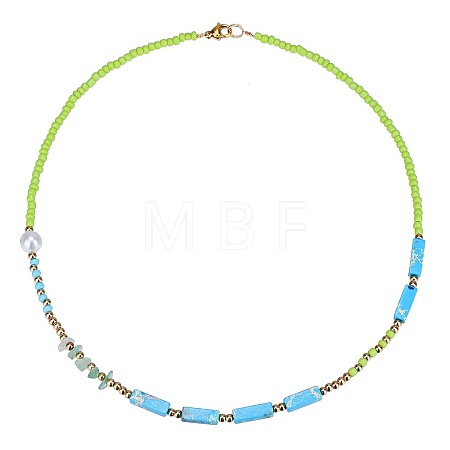 Bohemian Cuboid Dyed Natural Imperial Jasper & Synthetic Turquoise & Imitation Pearl & Glass Seed Beaded Necklaces TE0574-1-1