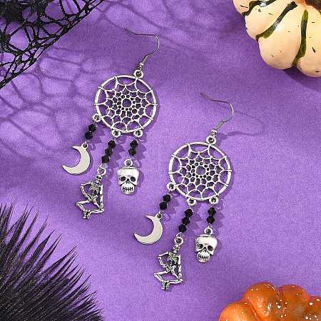 Halloween 304 Stainless Steel & Alloy & Glass Skull & Skeleton & Moon Dangle Earrings EJEW-TA00831-1