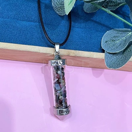 Zinc Alloy with Glass Hexagonal Bottle with Inner Natural Multicolor Tourmaline Chips Pendant Black PU Leather Cord Necklaces ZW0534-6-1