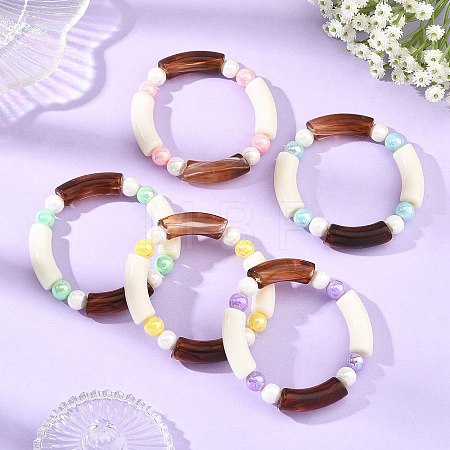 Opaque Acrylic Tube and Round Beaded Stretch Bracelets BJEW-JB14455-1