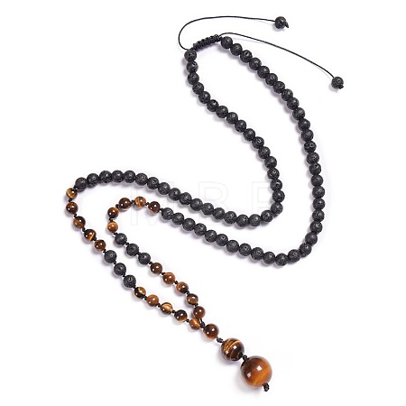 Natural Tiger Eye & Lava Rock Graduated Beaded Round Pendant Adjustable Braided Necklaces for Yoga and Aromatherapy HY9299-5-1