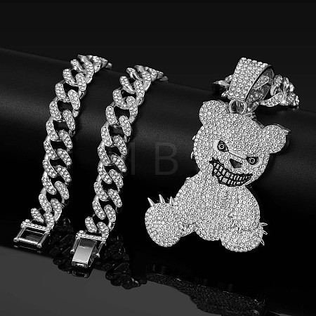 Zinc Alloy Full Crystal Rhinestone Bear Pendant Cuban Link Chain Necklaces for Men FS-WGDB54B-06-1