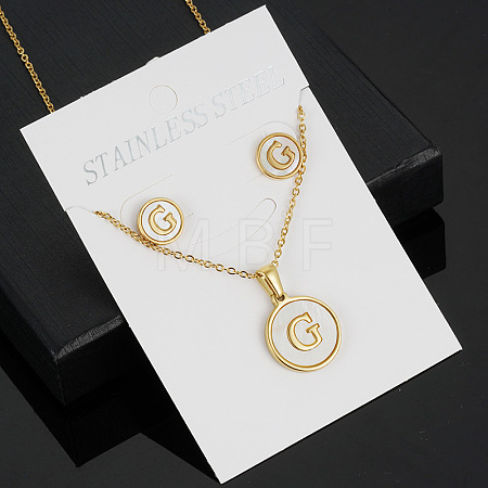 304 Stainless Steel with Natural Shell Pendant Necklaces & Stud Earrings Sets FS-WG5FD70-07-1