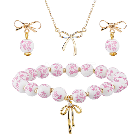 Brass Bowknot Pendant Necklace & Stud Earring & Bracelet Sets SJEW-DC00003-1