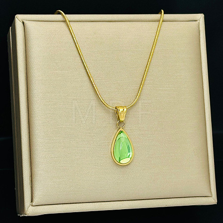 304 Stainless Steel Glass Teardrop Pendant Round Snake Chain Necklaces for Women WGB210E-02-1