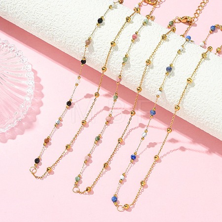 Natural & Synthetic Mixed Gemstone Faceted Round Beads Handmade Link Chain Necklaces with 316 Stainless Steel Chains NJEW-JN06059-1