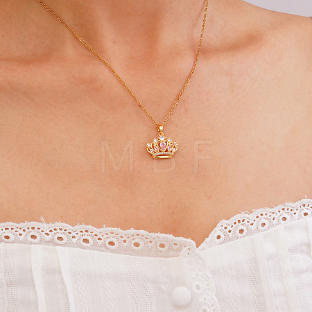 Brass Pave Cubic Zirconia Crown Pendant 304 Stainless Steel Cable Chain Necklaces for Women WGD413B-02-1
