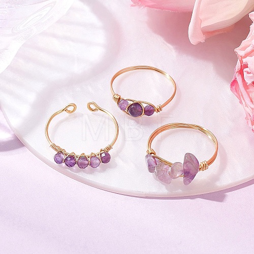 3Pcs Natural  Amethyst Bead Finger Ring RJEW-JR00855-02-1