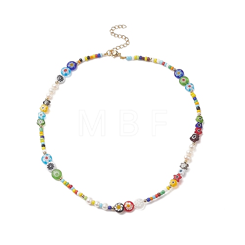Natural Pearl & Millefiori & Seed Glass Beaded Necklace for Women NJEW-JN04160-1