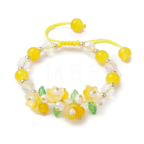 Flower Glass & Acrylic Braided Bead Adjustable Bracelets for Women BJEW-JB10446-04-1