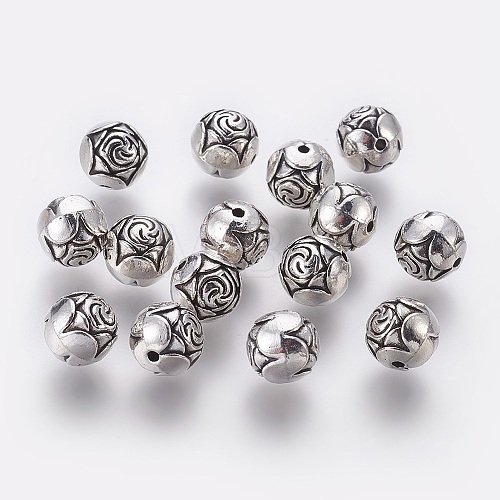 Tibetan Style Alloy Round Carved Rose Beads TIBEB-0892-AS-LF-1