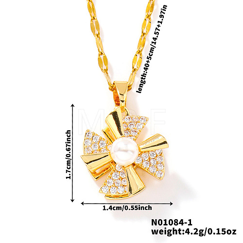 Cubic Zirconia & Plastic Pearl Rotating Windmill Pendant Necklaces YO2826-1