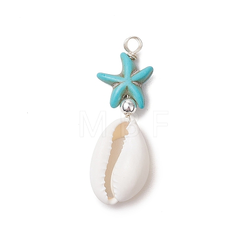 Cowrie Shell & Synthetic Turquoise Starfish Pendants PALLOY-JF03407-02-1