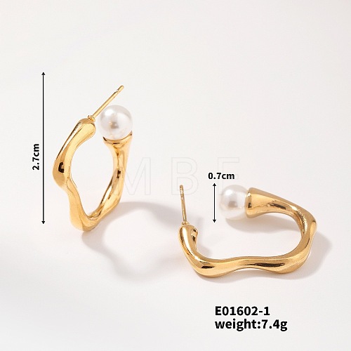 Elegant Vintage Geometric Pearl Stud Earrings Stainless Steel Wave Design EQ2297-1-1