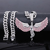 Zinc Alloy Full Light Rose Rhinestone Goddess with Angel Wings Pendant Cuban Link Chain Necklaces for Women FS-WGAC8C0-03-1