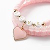 3Pcs 3 Style Natural Rose Quartz & Acrylic Word Love Beaded Stretch Bracelets Set with Alloy Enamel Heart Charms BJEW-JB08924-02-4