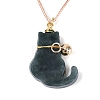 Natural Myanmar Jade Cat Pendant Adjustable Cord Necklaces NJEW-N064-01-4