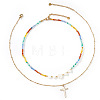 Summer Beach Rainbow Natural Mixed Stone and White Shell Heart Beaded Double Layer Necklaces with Stainless Steel Religion Cross Pendant EX6128-1-6