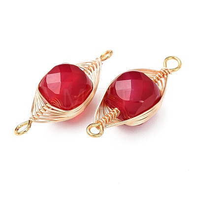 Natural Red Corundum Faceted Cube Links Connector Charms with Copper Herringbone Wire-Wrapped KK-Z152-06G-01A-1